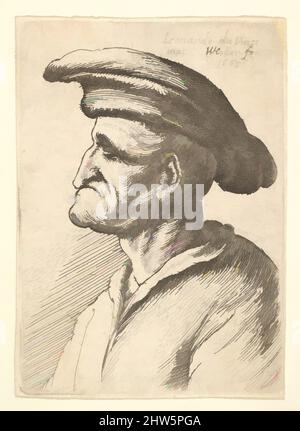 Art inspired by Bust of elderly man with nose that meets his lower lip, wearing wide flat cap in profile to left, 1665, Etching; only state, Sheet: 2 5/8 × 1 7/8 in. (6.7 × 4.8 cm), Prints, After Leonardo da Vinci (Italian, Vinci 1452–1519 Amboise, Classic works modernized by Artotop with a splash of modernity. Shapes, color and value, eye-catching visual impact on art. Emotions through freedom of artworks in a contemporary way. A timeless message pursuing a wildly creative new direction. Artists turning to the digital medium and creating the Artotop NFT Stock Photo