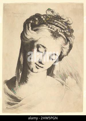 Art inspired by Bust of a young woman with elaborate headdress, looking down., 1625–77, Etching; only state, Plate: 2 1/2 × 1 7/8 in. (6.4 × 4.8 cm), Prints, After Ludovico Mazzolino (Italian, Ferrara ca. 1480–after 1528 Ferrara), Head and shoulders of a young woman, directed to front, Classic works modernized by Artotop with a splash of modernity. Shapes, color and value, eye-catching visual impact on art. Emotions through freedom of artworks in a contemporary way. A timeless message pursuing a wildly creative new direction. Artists turning to the digital medium and creating the Artotop NFT Stock Photo