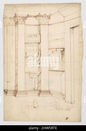Art inspired by Pantheon, vestibule, perspective; panel moulding, profiles (recto) Pantheon, rectangular niche, plan; half round niche, plan (verso), early to mid-16th century, Dark brown ink, black chalk, and incised lines, sheet: 16 15/16 x 12 5/8 in. (43 x 32 cm, Classic works modernized by Artotop with a splash of modernity. Shapes, color and value, eye-catching visual impact on art. Emotions through freedom of artworks in a contemporary way. A timeless message pursuing a wildly creative new direction. Artists turning to the digital medium and creating the Artotop NFT Stock Photo