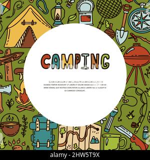 Doodle vector camping camping. Sketch hiking Icons.Hand draw illustration for summer picnic in nature. Camping equipments Stock Vector