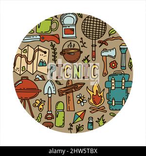 Doodle vector camping camping. Sketch hiking Icons.Hand draw illustration for summer picnic in nature. Camping equipments Stock Vector