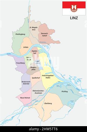 administrative vector map of the upper austrian capital Linz with flag Stock Vector