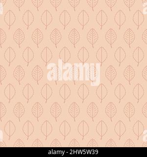 lineart orange leaves on beige doodle hand drawn seamless pattern of cute botanical elements. Stock Vector