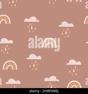 Bohemian rainbow pattern. Childish vector seamless pattern with sky, clouds, rain. Cute hand-drawn illustration in scandinavian style. pastel colors Stock Vector