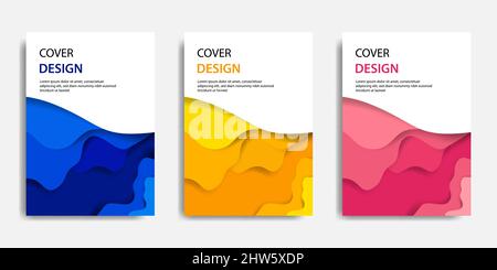 Vector illustration, document mock up template, easy color adjustment. Paper cut topographic style in colorful wave layering. Suitable for book cover, Stock Vector