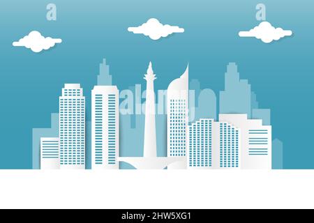 Jakarta City skyline - Jakarta cityscape vector illustration in paper cut design. Jakarta landmark as Indonesia capital Stock Vector