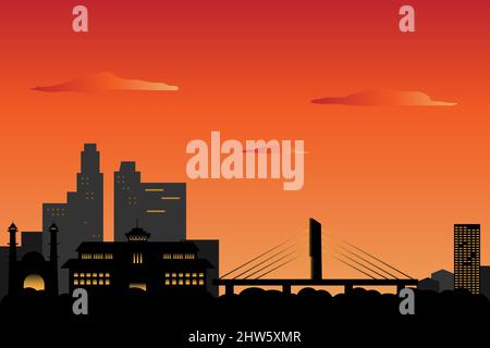 Bandung cityscape at sunset - Silhouete of Bandung City skyline at down, orange sky Stock Vector