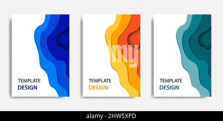 Vector illustration, document mock up template, easy color adjustment. Paper cut topographic style in colorful wave layering. Suitable for book cover, Stock Vector