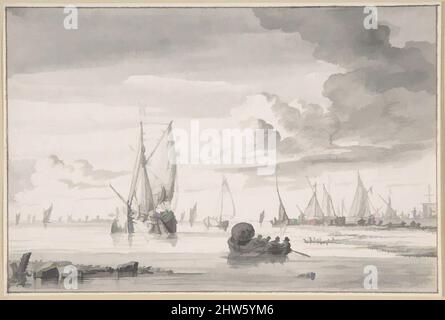 Art inspired by Various Ships and a Rowing Boat on an Estuary, n.d., Black chalk, brush in black ink and gray wash, sheet: 4 5/8 x 6 15/16 in. (11.8 x 17.6 cm), Drawings, Wigerus Vitringa (Dutch, Leeuwarden 1657–1725 Wirdum, Classic works modernized by Artotop with a splash of modernity. Shapes, color and value, eye-catching visual impact on art. Emotions through freedom of artworks in a contemporary way. A timeless message pursuing a wildly creative new direction. Artists turning to the digital medium and creating the Artotop NFT Stock Photo