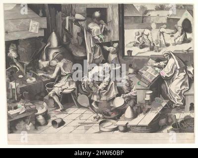 Art inspired by The Alchemist, after 1558, Engraving; first state of three, sheet (irreg cut to plate line and within it): 13 3/16 x 17 11/16 in. (33.5 x 44.9 cm), Prints, Pieter Bruegel the Elder (Netherlandish, Breda (?) ca. 1525–1569 Brussels), Philips Galle (Netherlandish, Haarlem, Classic works modernized by Artotop with a splash of modernity. Shapes, color and value, eye-catching visual impact on art. Emotions through freedom of artworks in a contemporary way. A timeless message pursuing a wildly creative new direction. Artists turning to the digital medium and creating the Artotop NFT Stock Photo