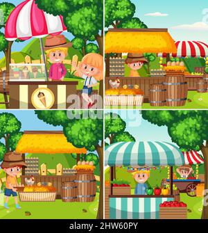 Flea market scene in cartoon style illustration Stock Vector