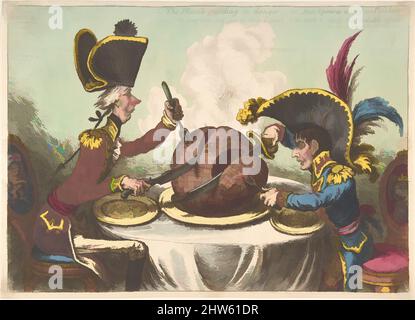 Art inspired by The Plumb-Pudding in Danger;–or–State Epicures Taking un Petit Souper, February 26, 1805, Hand-colored etching, plate: 10 1/4 x 14 1/4 in. (26 x 36.2 cm), Prints, James Gillray (British, Chelsea 1756–1815 London), Napoleon Bonaparte, declared emperor of France in 1804, Classic works modernized by Artotop with a splash of modernity. Shapes, color and value, eye-catching visual impact on art. Emotions through freedom of artworks in a contemporary way. A timeless message pursuing a wildly creative new direction. Artists turning to the digital medium and creating the Artotop NFT Stock Photo