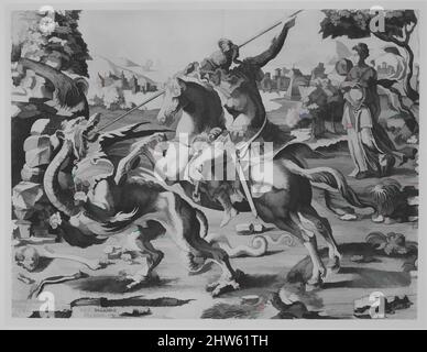 Art inspired by St George Killing the Dragon, 1542, Engraving, sheet: 10 1/16 x 13 9/16 in. (25.6 x 34.4 cm), Prints, Engraved by Enea Vico (Italian, Parma 1523–1567 Ferrara), After Giulio Clovio (Italian, Brizane 1498–1578 Rome, Classic works modernized by Artotop with a splash of modernity. Shapes, color and value, eye-catching visual impact on art. Emotions through freedom of artworks in a contemporary way. A timeless message pursuing a wildly creative new direction. Artists turning to the digital medium and creating the Artotop NFT Stock Photo