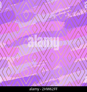 Pink Brush Strokes Seamless Pattern Design with Gold Geometric Design Stock Vector