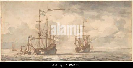 Art inspired by Dutch Ships at Anchor, mid-17th–early 18th century, Pen and brown ink, brush and gray wash, over black chalk, sheet: 3 7/8 x 8 1/2 in. (9.8 x 21.6 cm), Drawings, Willem van de Velde II (Dutch, Leiden 1633–1707 London, Classic works modernized by Artotop with a splash of modernity. Shapes, color and value, eye-catching visual impact on art. Emotions through freedom of artworks in a contemporary way. A timeless message pursuing a wildly creative new direction. Artists turning to the digital medium and creating the Artotop NFT Stock Photo
