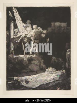 Art inspired by Descent from the Cross by Torchlight, 1654, Etching and drypoint, Other: 6 3/8 × 7 13/16 in. (16.2 × 19.8 cm), Prints, Rembrandt (Rembrandt van Rijn) (Dutch, Leiden 1606–1669 Amsterdam, Classic works modernized by Artotop with a splash of modernity. Shapes, color and value, eye-catching visual impact on art. Emotions through freedom of artworks in a contemporary way. A timeless message pursuing a wildly creative new direction. Artists turning to the digital medium and creating the Artotop NFT Stock Photo
