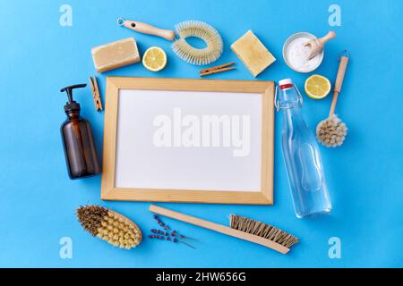 natural cleaning supplies around white board Stock Photo