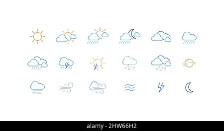 Weather, Sun, Clouds, Rain, Snow and Thunder Color Vector Icon Set Stock Vector