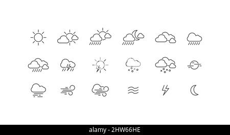 Weather, Sun, Clouds, Rain, Snow and Thunder Flat Vector Icon Set Stock Vector