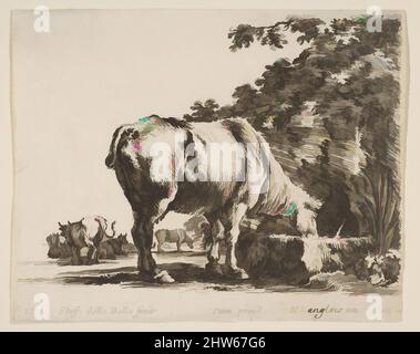 Art inspired by Plate 12: a cow drinking from a stone trough, other cows to left in background, from 'Diversi capricci', ca. 1644–47, Etching; third state of four, Sheet: 3 1/4 × 4 1/8 in. (8.3 × 10.4 cm), Prints, Stefano della Bella (Italian, Florence 1610–1664 Florence, Classic works modernized by Artotop with a splash of modernity. Shapes, color and value, eye-catching visual impact on art. Emotions through freedom of artworks in a contemporary way. A timeless message pursuing a wildly creative new direction. Artists turning to the digital medium and creating the Artotop NFT Stock Photo