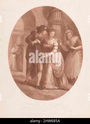 Art inspired by Romeo and Juliet at the Masquerade (Shakespeare, Romeo and Juliet, Act 1, Scene 5), June 15, 1785, Stipple engraving, and etching, printed in brown ink, oval image: 8 1/4 x 6 9/16 in. (21 x 16.7 cm), Prints, After William Hamilton (British, London 1751–1801 London, Classic works modernized by Artotop with a splash of modernity. Shapes, color and value, eye-catching visual impact on art. Emotions through freedom of artworks in a contemporary way. A timeless message pursuing a wildly creative new direction. Artists turning to the digital medium and creating the Artotop NFT Stock Photo