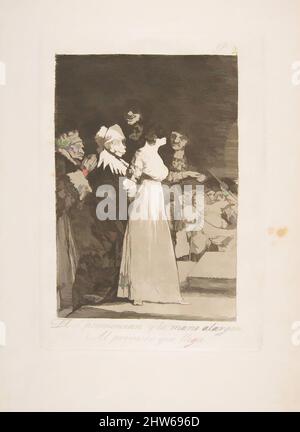 Art inspired by Plate 2 from 'Los Caprichos' : They say yes and give their hand to the first comer (El si pronuncian y la mano alargen al primero que llega), 1799, Etching and burnished aquatint, Plate: 8 7/16 × 5 15/16 in. (21.4 × 15.1 cm), Prints, Goya (Francisco de Goya y Lucientes, Classic works modernized by Artotop with a splash of modernity. Shapes, color and value, eye-catching visual impact on art. Emotions through freedom of artworks in a contemporary way. A timeless message pursuing a wildly creative new direction. Artists turning to the digital medium and creating the Artotop NFT Stock Photo
