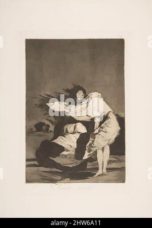 Art inspired by Plate 36 from 'Los Caprichos: A bad night (Mala noche.), 1881–86, Etching and burnished aquatint, Plate: 8 7/16 x 6 in. (21.5 x 15.2 cm), Prints, Goya (Francisco de Goya y Lucientes) (Spanish, Fuendetodos 1746–1828 Bordeaux, Classic works modernized by Artotop with a splash of modernity. Shapes, color and value, eye-catching visual impact on art. Emotions through freedom of artworks in a contemporary way. A timeless message pursuing a wildly creative new direction. Artists turning to the digital medium and creating the Artotop NFT Stock Photo