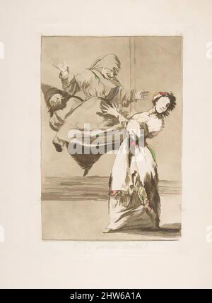 Art inspired by Plate 74 from 'Los Caprichos': Don't scream, stupid (No grites, tonta), 1799, Etching and burnished aquatint, Plate: 8 3/8 × 5 7/8 in. (21.2 × 14.9 cm), Prints, Goya (Francisco de Goya y Lucientes) (Spanish, Fuendetodos 1746–1828 Bordeaux, Classic works modernized by Artotop with a splash of modernity. Shapes, color and value, eye-catching visual impact on art. Emotions through freedom of artworks in a contemporary way. A timeless message pursuing a wildly creative new direction. Artists turning to the digital medium and creating the Artotop NFT Stock Photo