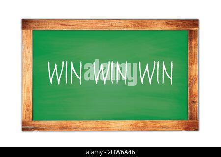 WIN  WIN  WIN text written on green wooden frame school blackboard. Stock Photo