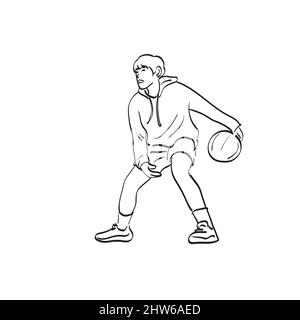 line art male street basketball player with ball illustration vector hand drawn isolated on white background Stock Vector