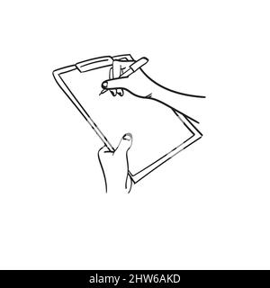 line art closeup hand writing on check list illustration vector hand drawn isolated on white background Stock Vector