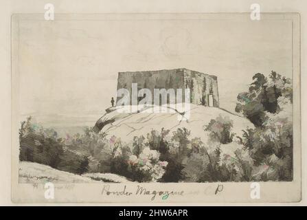 Art inspired by A Powder Magazine in Central Park (from Scenes of Old New York), 1877, Etching, plate: 3 3/16 x 4 13/16 in. (8.1 x 12.3 cm), Prints, Henry Farrer (American, London 1844–1903 New York, Classic works modernized by Artotop with a splash of modernity. Shapes, color and value, eye-catching visual impact on art. Emotions through freedom of artworks in a contemporary way. A timeless message pursuing a wildly creative new direction. Artists turning to the digital medium and creating the Artotop NFT