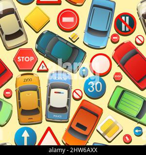 Auto traffic seamless pattern. Bright hues. Top view from above. Cars and road signs. Cartoon funny style. Flat design. illustration vector. Stock Vector