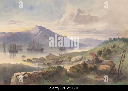 Art inspired by The Heights over Foilhummerum Bay, Valentia, the William Corey Heading Seawards, Laying the Shore-end of the Atlantic Telegraph Cable, July 7th, 1866, 1865–66, Watercolor over graphite with touches of gouache, Sheet: 10 3/8 × 15 3/8 in. (26.3 × 39.1 cm), Drawings, Classic works modernized by Artotop with a splash of modernity. Shapes, color and value, eye-catching visual impact on art. Emotions through freedom of artworks in a contemporary way. A timeless message pursuing a wildly creative new direction. Artists turning to the digital medium and creating the Artotop NFT Stock Photo