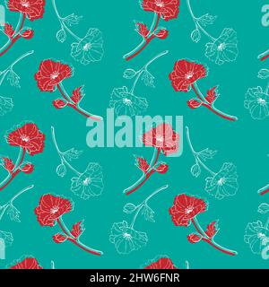 Seamless pattern blue background with red and blue flowers and leaves. Print with poppies. Vector illustration. Vector illustration Stock Vector
