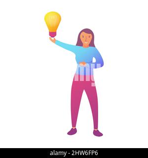 Successful businesswoman character idea bulb. Problem solving. Stock Vector