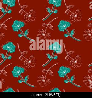 Seamless pattern red background with red and blue flowers and leaves. Print with poppies. Vector illustration. Vector illustration Stock Vector