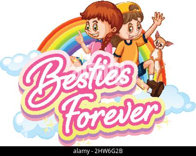 Bestie forever logo with two girls cartoon character illustration Stock Vector