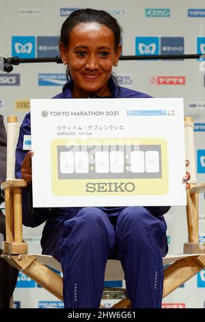 Tokyo, Japan. 4th Mar, 2022. Ethiopian athlete Gotytom Gebreslase attends a news conference for the Tokyo Marathon 2021 at Keio Plaza Hotel. The sports competition will be held on March 6 and televised in 160 countries and territories worldwide. (Credit Image: © Rodrigo Reyes Marin/ZUMA Press Wire) Credit: ZUMA Press, Inc./Alamy Live News Stock Photo