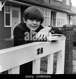 Child actor Jack Wild, who played the role of the Artful Dodger in the 1968 film 'Oliver!'. Pictured outside his home in Hounslow. 30th September 1968. Stock Photo