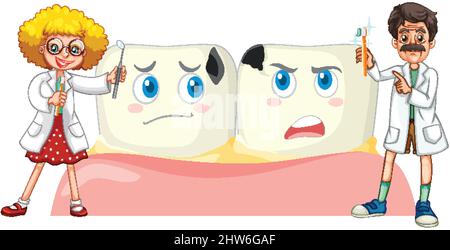 Dentist holding dental cleaning equipment with big teeth  on white background illustration Stock Vector