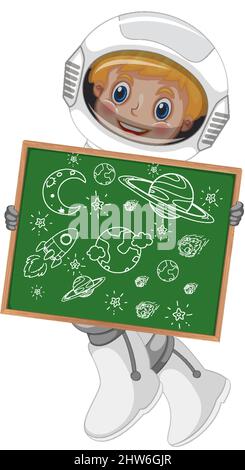 An astronaut holding board with a doodle sketch design on white background illustration Stock Vector