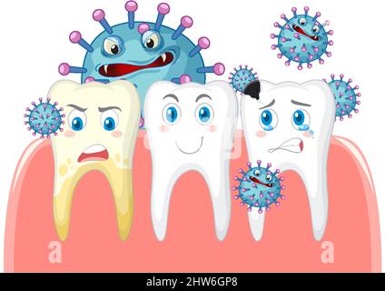 Dental and different teeth condition with bacteria on white background illustration Stock Vector