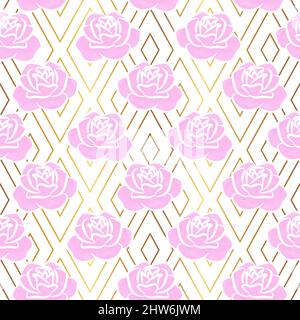 Gold Geometric Pink Rose Flower Seamless Pattern Stock Vector