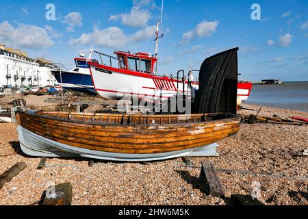 Fishing Boats winched up onto Deal beach, Deal, Kent Stock Photo