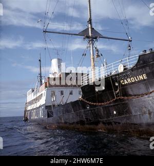 Radio Caroline Pirate Radio ship, MV Caroline anchored 4 miles off Ramsey Harbour, Isle of Man.August 1967. Stock Photo