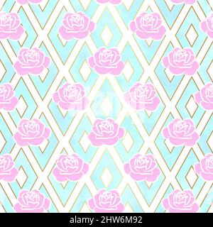 Turquoise Geometric Pink Rose Flower Seamless Pattern Background Stock Vector
