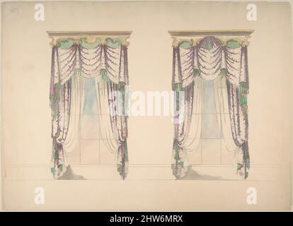 Art inspired by Design for Pink and White Curtains with Green Fringes, and Gold and White Pediments, ca. 1820, Ink, watercolor and wash, sheet: 10 13/16 x 15 in. (27.5 x 38.1 cm), Anonymous, British, 19th century, Classic works modernized by Artotop with a splash of modernity. Shapes, color and value, eye-catching visual impact on art. Emotions through freedom of artworks in a contemporary way. A timeless message pursuing a wildly creative new direction. Artists turning to the digital medium and creating the Artotop NFT Stock Photo