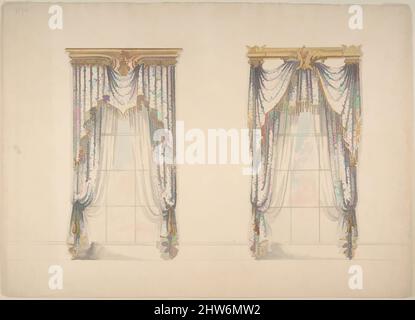 Art inspired by Design for Pink, Green and White Curtains with Gold and Red Fringes, and Gold Pediments, ca. 1820, Ink, watercolor and wash, sheet: 10 7/8 x 15 1/16 in. (27.6 x 38.3 cm), Anonymous, British, 19th century, Classic works modernized by Artotop with a splash of modernity. Shapes, color and value, eye-catching visual impact on art. Emotions through freedom of artworks in a contemporary way. A timeless message pursuing a wildly creative new direction. Artists turning to the digital medium and creating the Artotop NFT Stock Photo