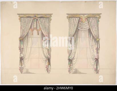 Art inspired by Design for Pink, Green and White Curtains with Pink and Gold Fringes and a Gold and White Pediment, early 19th century, Ink, watercolor and wash, sheet: 10 13/16 x 14 15/16 in. (27.4 x 38 cm), Anonymous, British, 19th century, Classic works modernized by Artotop with a splash of modernity. Shapes, color and value, eye-catching visual impact on art. Emotions through freedom of artworks in a contemporary way. A timeless message pursuing a wildly creative new direction. Artists turning to the digital medium and creating the Artotop NFT Stock Photo